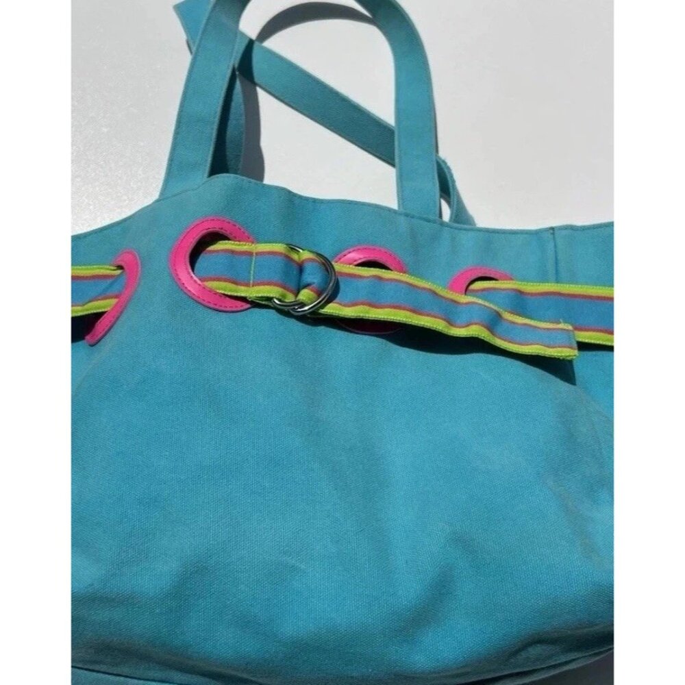 Vintage Polo Ralph Lauren Summer Canvas Tote Bag Purse Pink/Fuchsia & Blue